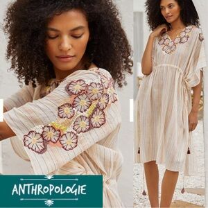 Anthropologie Duet Embroidered & Beaded Floral Cotton Caftan